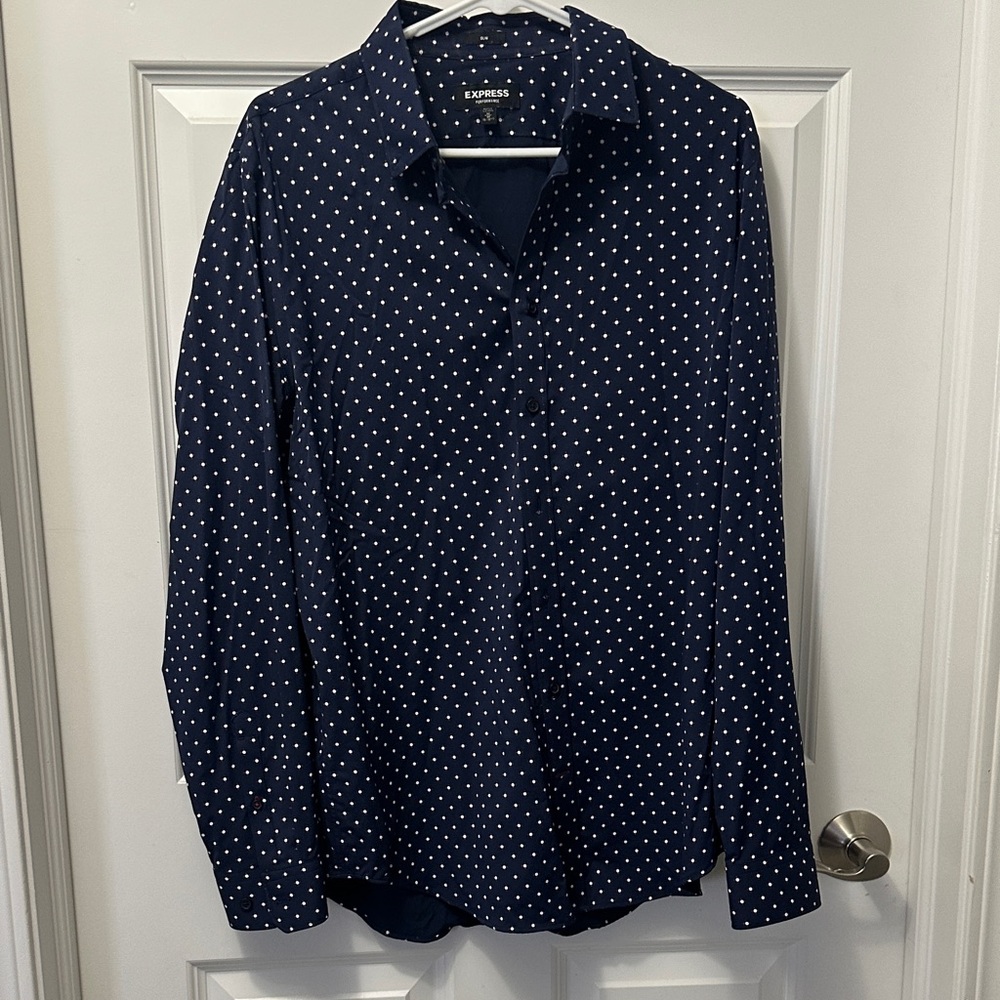 Express Men's Dark Blue Polka Dot Shirt